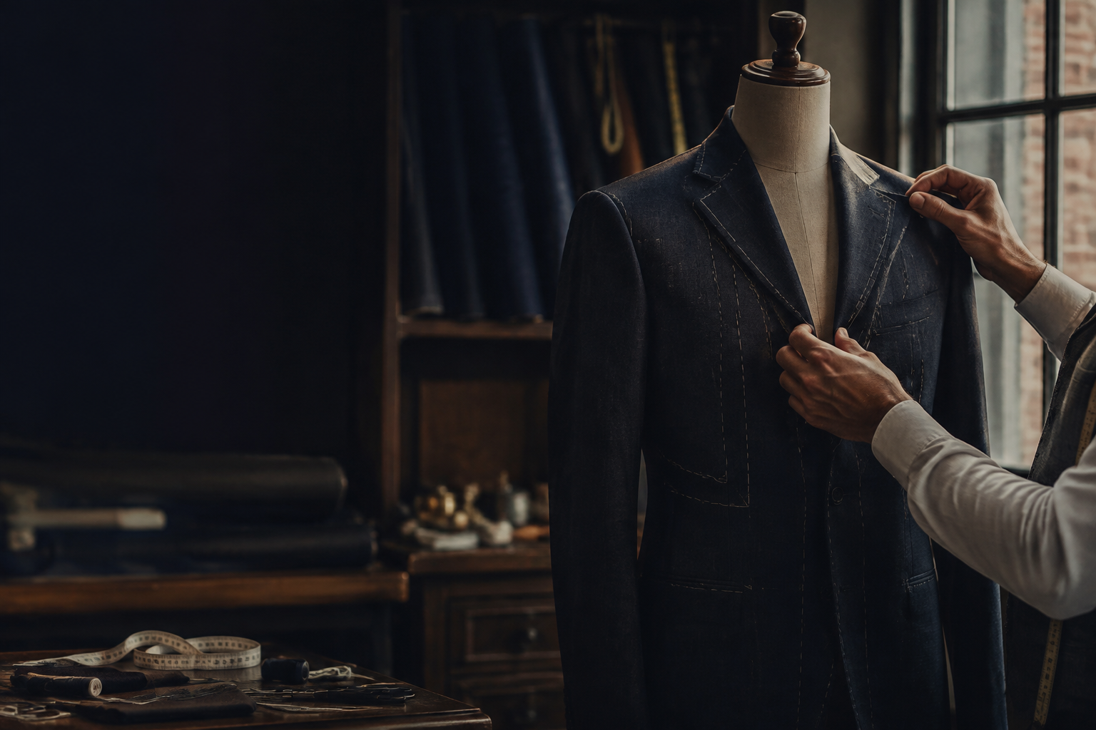 A tailor carefully working on a bespoke jacket